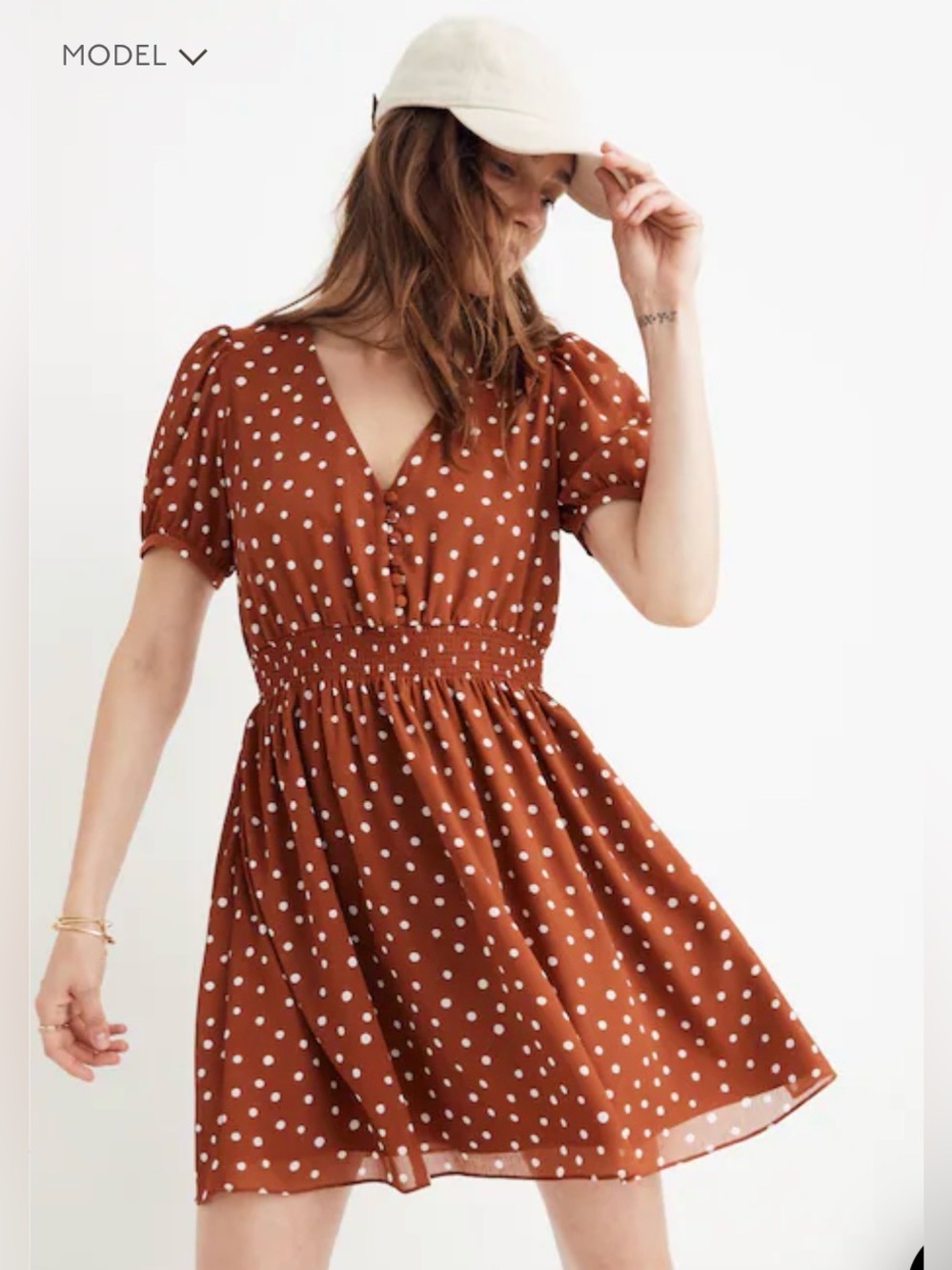 Madewell Smocked Waist Polka Dot Rust Brown Short Sleeve Mini Dress